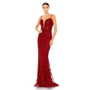 Mac Duggal Embellished Plunge Neck Illusion Mermaid Ball Gown Size 8 Red 20330